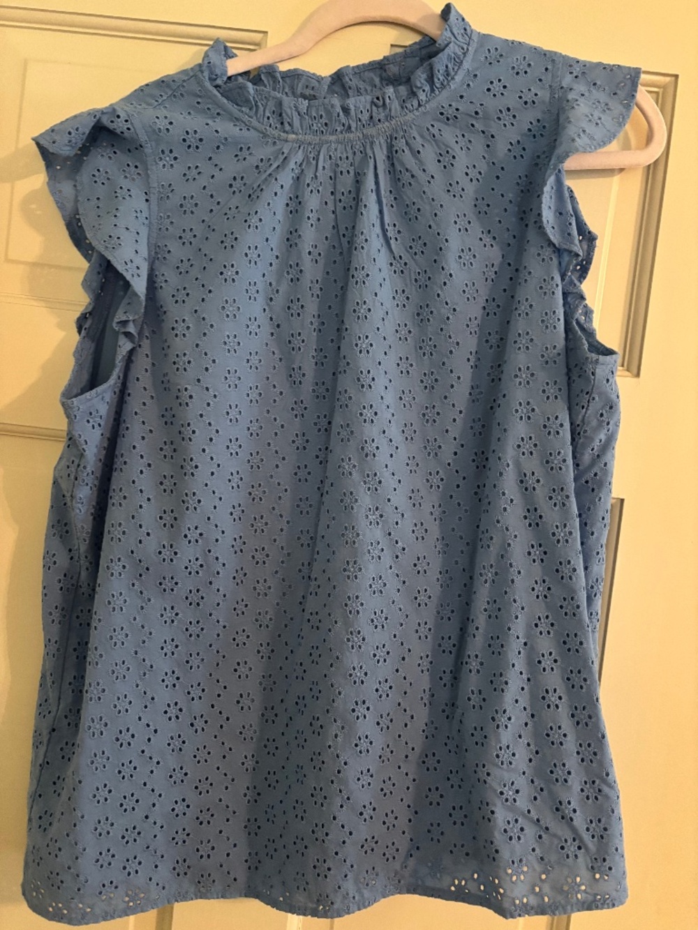 Ann Taylor Blue Eyelet Ruffle collar / short sleeve blouse / top Size Large